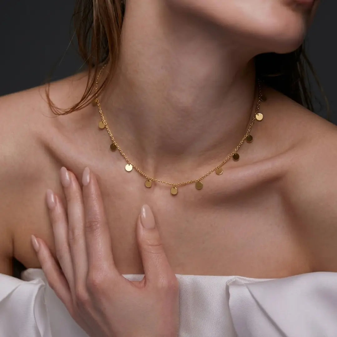 18K Gold Filled Multi-Disc Station Necklace – Dainty Round Circles Choker & Layering Necklace for Women